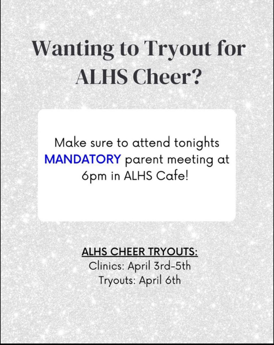 Interested in Cheer? Mandatory Parent Meeting TONIGHT at 6:00 pm in the cafeteria. 📣