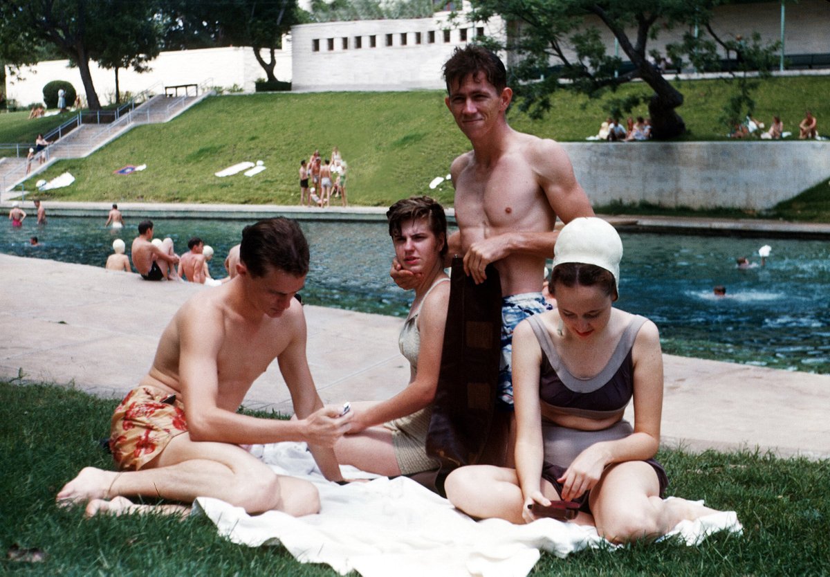 Traces of Texas reader Travis Taliaferro was nice enough to send in this dynamite 1947 shot, taken at Barton Springs in Austin.  This photo shows Travis' maternal grandparents Joe Pierce (22) and Patricia Manning (19), who are the two looking at the camera. With them are their