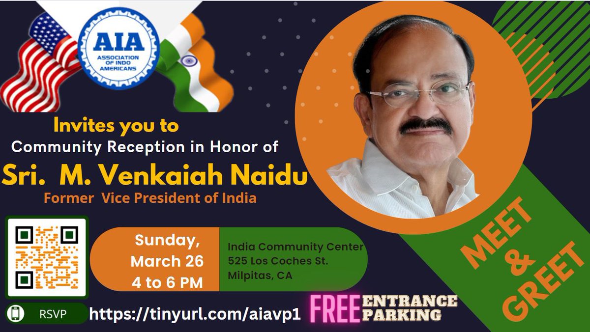 AIA_Events's tweet image. Don’t miss this opportunity to meet and greet Sri. M. Venkaiah Naidu!!! aiaevents.org
#aia #aiaevents #indianculture #bayarea #association
