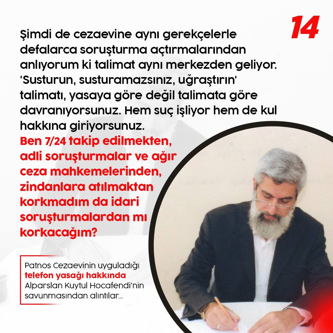 Şimdi de cezaevine aynı gerekçelerle defalarca soruşturma açtırmalarından anlıyorum ki talimat aynı merkezden geliyor. 'Susturun, susturamazsınız, uğraştırın' talimatı, yasaya göre değil talimata göre davranıyorsunuz. Hem suç işliyor hem de kul hakkına giriyorsunuz.