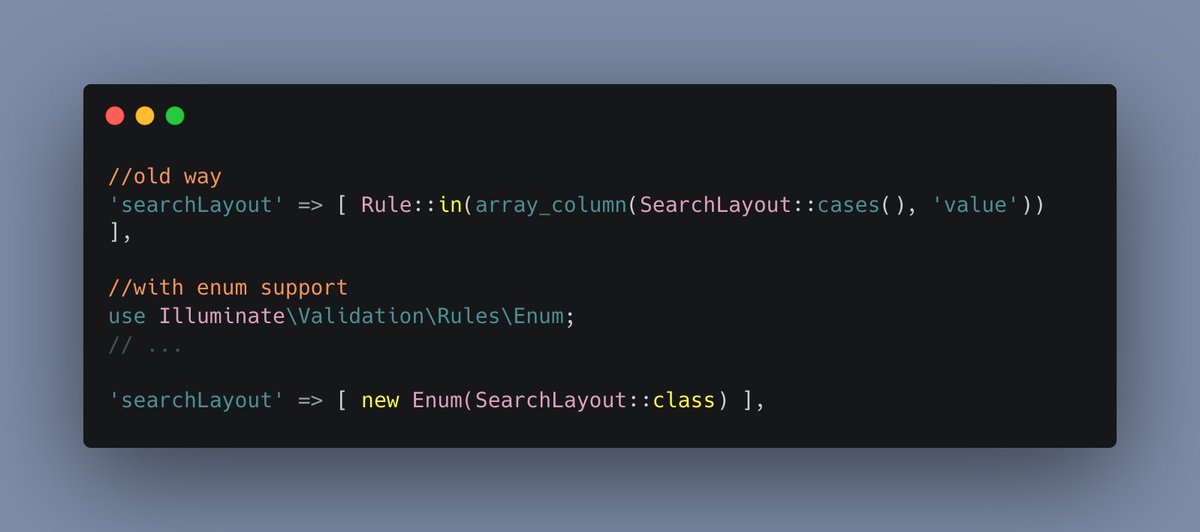 n_kirschbaum's tweet photo. kirschbaum_dev: If you've read our recent article, you'll know #PHP 8.1 gained native support for enums. @erikdenner has a quick tip to leverage built-in functionality in #Laravel for using them when validating requests https://t.co/igDEQR0Pwt