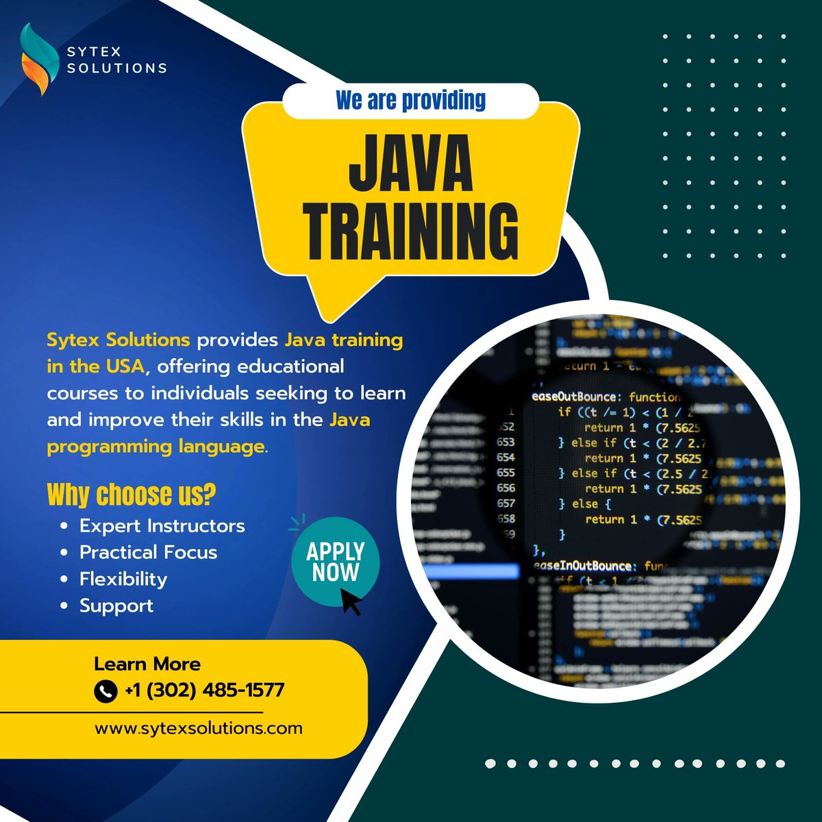 Sytexsol's tweet image. @sytexsol provides Java training in the USA, offering educational courses to individuals seeking to learn and improve their skills in the Java programming language.
Enroll Now!
Call us at +1 (302) 485-1577
#javatraining #java #onlinejavatraining #javaprogramming