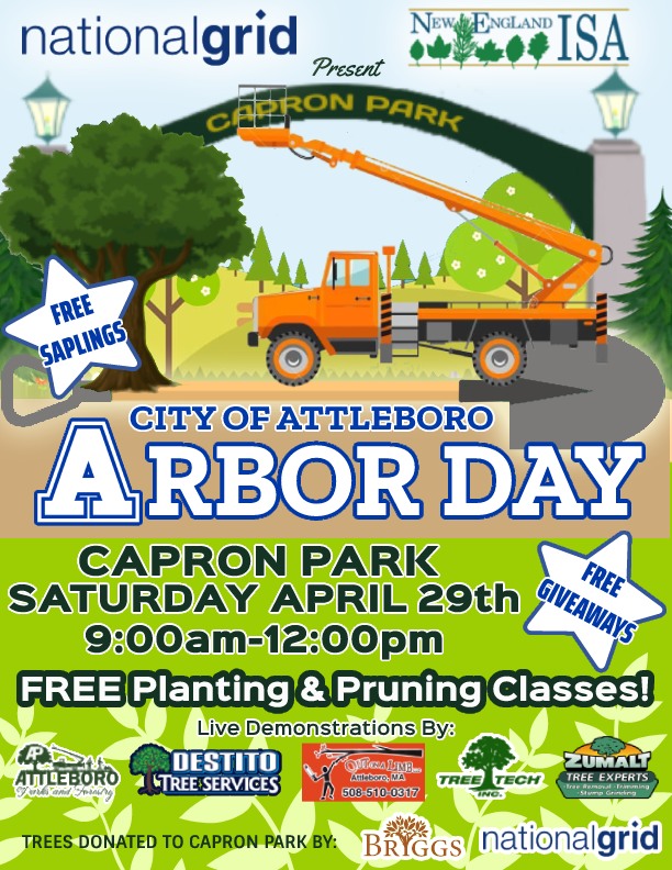 CityofAttleboro's tweet photo. Join the Parks Department on April 29th as they celebrate Arbor Day at Capron Park. With donations from National Grid and Briggs Nursery, there will be free planting and pruning classes as well as free saplings and giveaways! Event runs from 9 AM - 12 PM. https://t.co/eKz2itNxvF