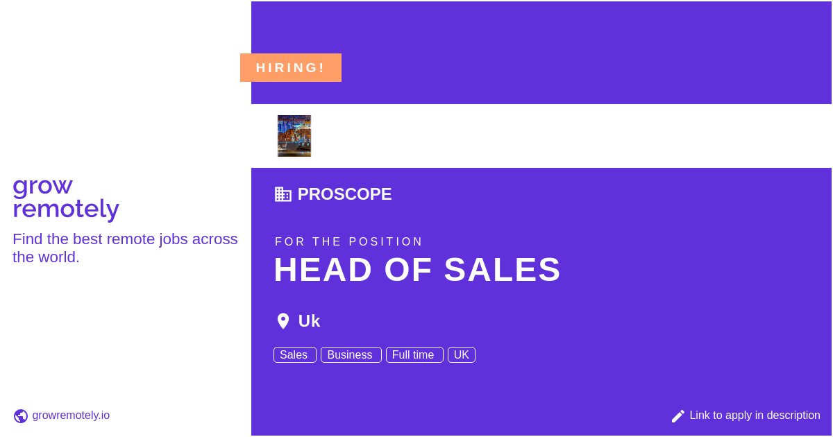 growremotelyio's tweet image. Check out this job at ProScope for the position Head of Sales.

 Apply link: growremotely.io/?id=64110db74e…

#hiring #remotejobs #ProScope #SalesandMarketing