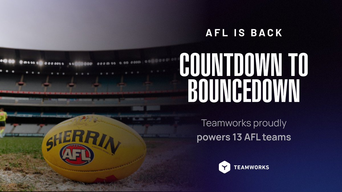 Teamworks's tweet photo. Countdown to Bouncedown! AFL is Back! 
Wishing our 13 @AFL teams all the best for the upcoming season.
Find out how AFL teams are using Teamworks https://t.co/tq0rPAvGIj

#operatingsystemforsports #AFL23 https://t.co/YIgxzACOvP