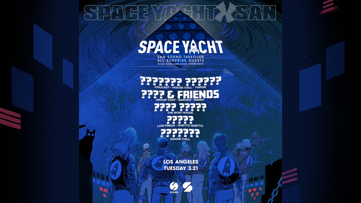 It's official, we are joining <a href="/spaceyacht/">SPACE YACHT</a> for the SAN SOUND TAKEOVER next week during #OuterEdge (NFTLA)!

🎵 Surprise Lineup!
📆 9pm-2am | Tuesday 3/21
 👉 Tickets and Table Service Reservations are Available Now: dice.fm/partner/dice/e…

*If you are #Soulbound, your entry is