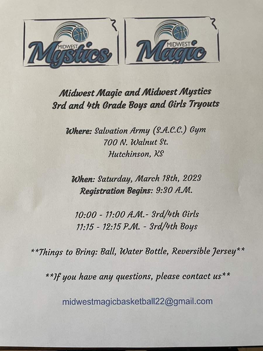 MidwestMagicKS's tweet photo. 🏀 3rd-4th grade TRYOUTS - March 18th
MIDWEST MAGIC YOUTH BASKETBALL ASSOCIATION - These are for the current grade that they are in now. All skill levels are welcomed. #GoTime #OneCommitment 💫 https://t.co/1gY5l5aVvs