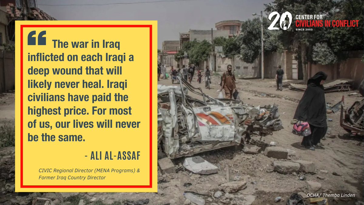 CivCenter's tweet photo. RELEASED NOW: 20 years later, Iraqis continue to feel the sting of war. The country remains politically fraught &amp; insecure while the promises of building a democracy never came true. #IraqWar 

Press Statement here: https://t.co/ezlr6moOVA https://t.co/VlNsIDcKAr