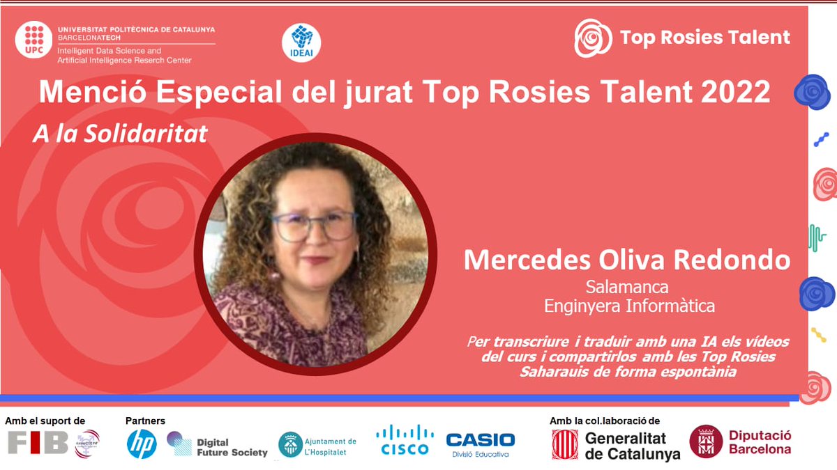 KarinagibertK's tweet photo. #Mercedesoliva  @Meroliva mención especial del jurado #topRosiesTalent  a la solidaridad en la 2a edición del programa

Muchas felicidades Merche! 
#donesIDEAI @IdeaiUpc @usal
@fib_upc
@la_UPC @HPEspana @cisco_spain  @casio @tic https://t.co/WIaYpyBV5V