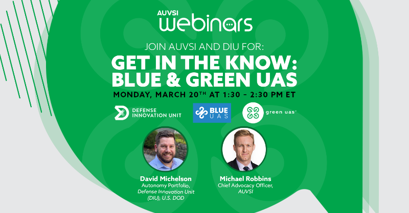 AUVSI's tweet photo. Next Monday, join our webinar with @DIU_x leadership and @MRobbinsAUVSI to learn about the recently-launched #GreenUAS program.
Green UAS will expand the number of commercial #drones that meet the highest levels of cybersecurity and NDAA supply chain requirements.
