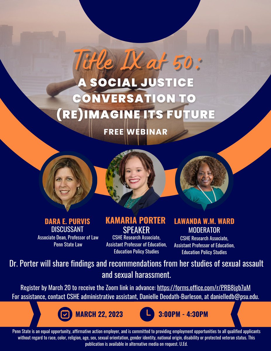 CSHE is proud to announce our next webinar: "Title IX at 50: A Social Justice Conversation to (Re)Imagine Its Future," which will be taking place via Zoom on March 22!

You can register here: forms.office.com/r/kgiZENHbHp 

We look forward to seeing you there!