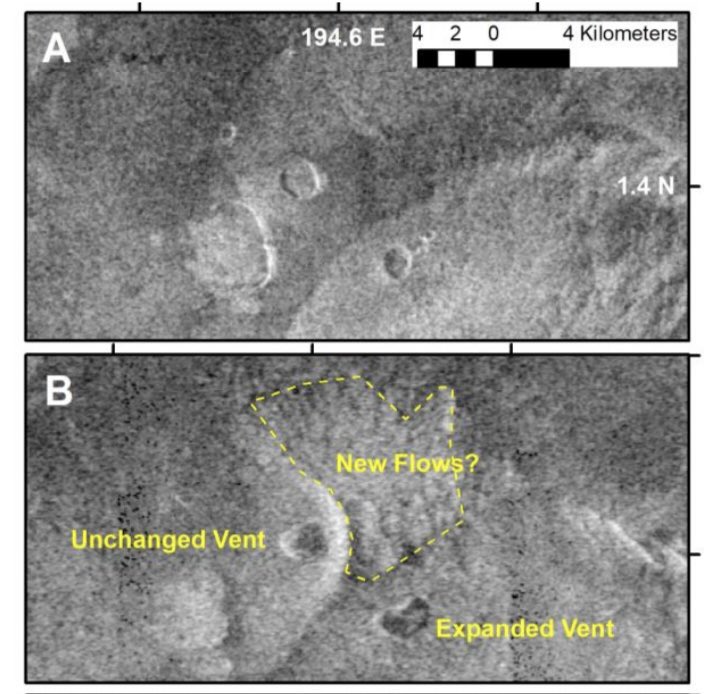PeterBJames's tweet image. WOW, Robbie Herrick found the first direct evidence for active volcanic eruption on Venus between Magellan Cycle 1 and Cycle 2 radar imagery.  A massive caldera changed shape and produced a new lava flow north of Maat Mons. #LPSC2023