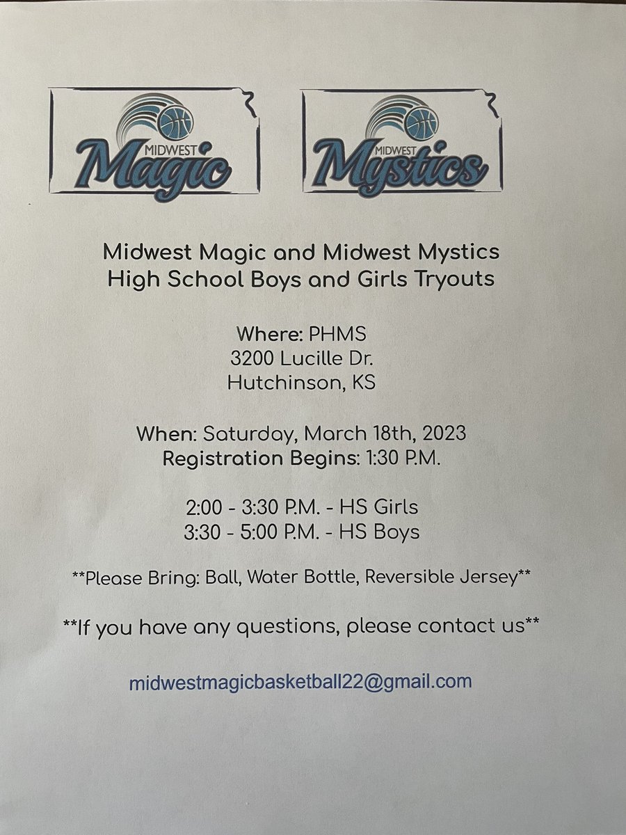 MidwestMagicKS's tweet photo. 🏀 High-School TRYOUTS - March 18th
MIDWEST MAGIC YOUTH BASKETBALL ASSOCIATION - These are for the current grade that they are in now. All skill levels are welcomed. #GoTime #OneCommitment 💫 https://t.co/VzL3Dy2r9I