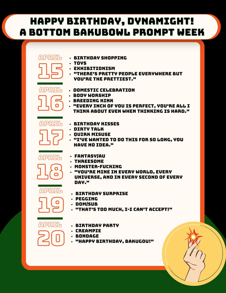 HBDDynamight_'s tweet photo. Are you ready to celebrate our smokin' hot Dynamight? Ya better be! Here are the prompts for our week! 

💥Mark your calendars! This week will run from April 15th to Bakugou's birthday on April 20th! 

We can't wait to see how you choose to celebrate our spicy little hero! 💣 https://t.co/vY3eiaIDSW