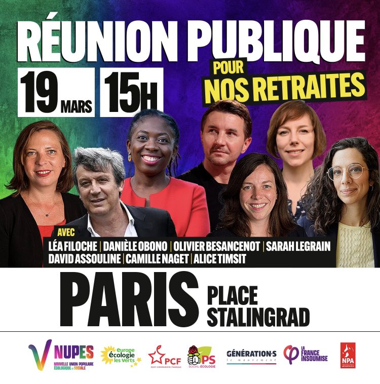 #NonALaReformeDesRetraites le 19eme se mobilise contre cette réforme des retraites inique! Unis, des élus.es locaux et nationaux se retrouvent dimanche à 15h place Stalingrad pour une #ReunionPublique Soyons nombreux.es pour demander le retrait ✊🏻! ⬇️