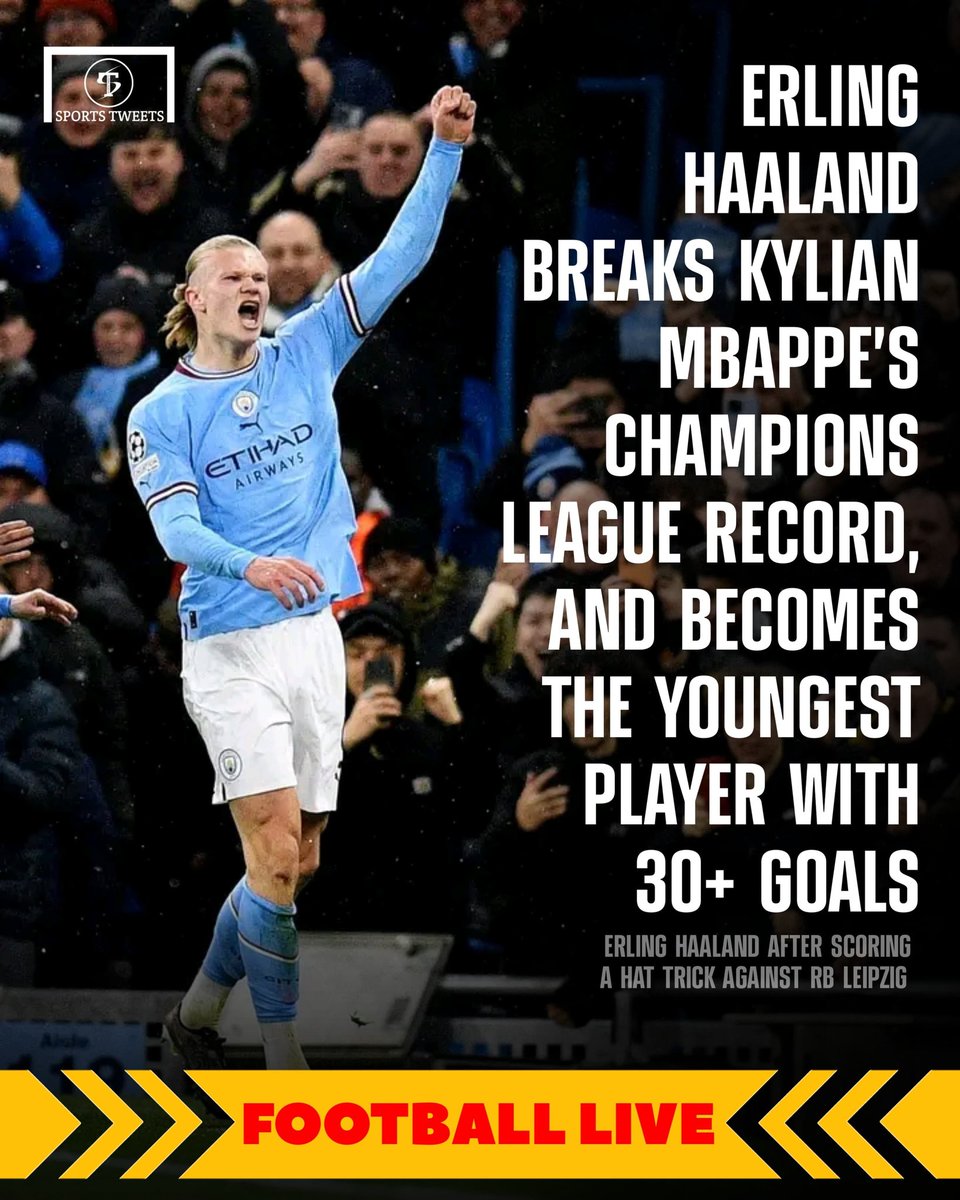 SportsTOfficial's tweet photo. 🚨 Erling Haaland has now scored 31 goals in just 25 games in Champions League after his hat-trick against RB Leipzig. Norwegian striker now becomes the youngest and fastest player in history of Champions League to reach 30+ goals. 🔵 #MCFC #UCL #Haaland #erlinghaaland #ManCity https://t.co/PYnTwHJpKA