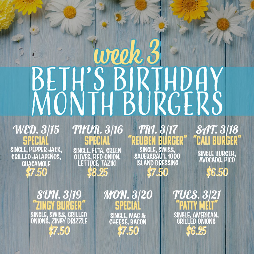 Stop in TODAY as we kick off the THIRD week of Beth’s Birthday Month at @bethsburgerbar!!
🍔Different specials EVERY DAY!!!
🍔ALL locations participating!!#bethsburgerbar #onegirlbeatsfiveguys #birthdaymonth #orlando #orlandofl #centralfl #edgewoodfl #lakecay #lakemary