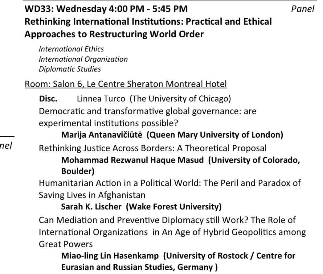 If you’re around at #ISA2023, come by to this brilliant panel on international institutions and global governance where I will be presenting a paper on pragmatism and institutional experimentation! <a href="/linneaturco/">Linnea Turco</a>