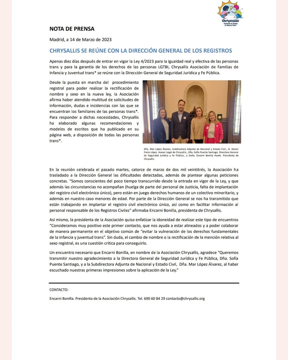 ChrysallisAEFMT's tweet photo. 📝 Nota de prensa:
Chrysallis se reúne con la Dirección General de los Registros.
#direcciongeneraldelosregistros #leytrans #infanciatrans #juventudtrans #transexualidad #TransRightsAreHumanRights #derechoaser #lgtbi #lgtbiq #registros #chrysallisAEFMT 🏳️⚧️🏳️🌈 https://t.co/TKvpJGsZAa