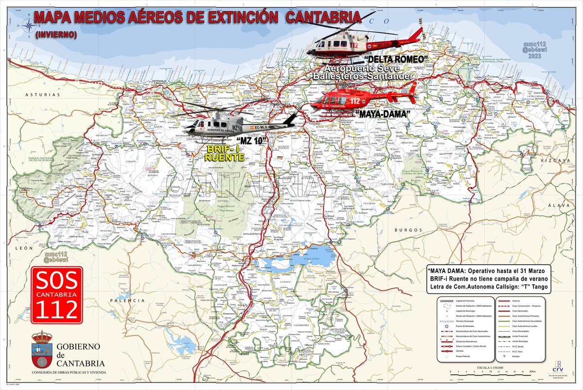 eb4ewl's tweet photo. Mapa medios aéreos de Extinción en Cantabria fuera de campaña de Verano.
llamativo si el callsign del B407,  y que por qué no usan lo de Mike Tango o Lima Tango.....   otras CCAA tampoco lo hacen https://t.co/uN5SCe6QL2