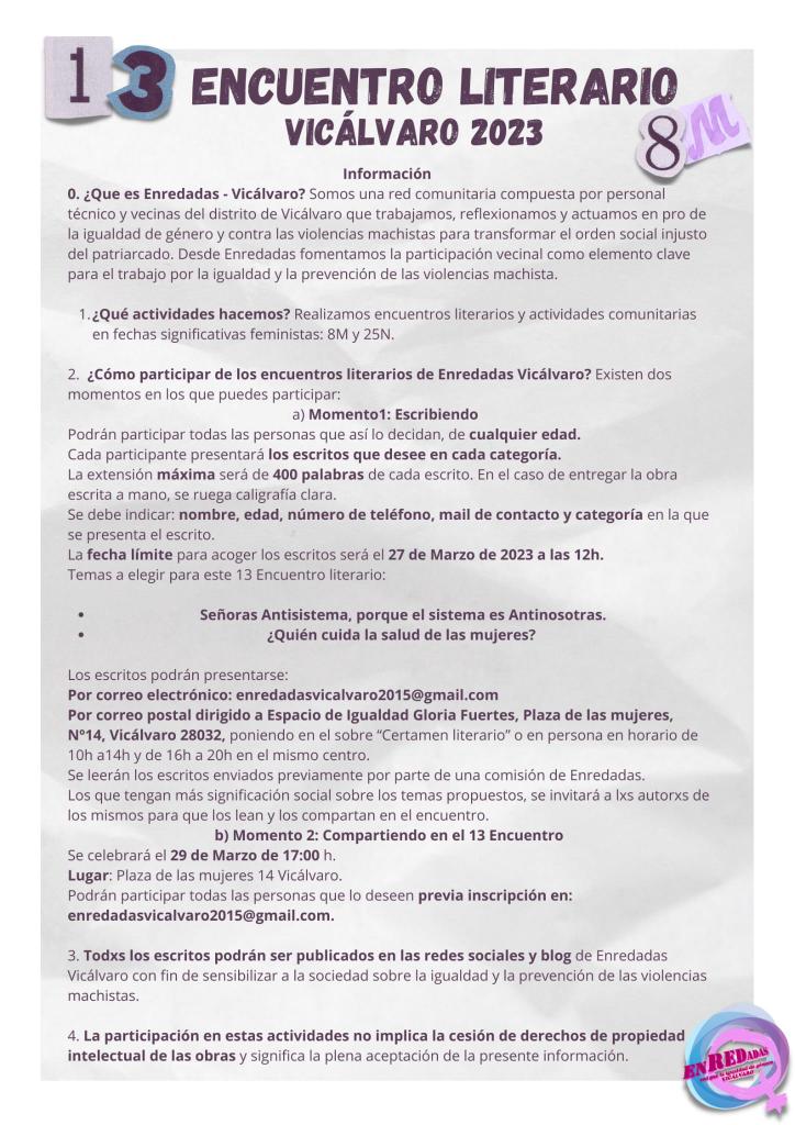RedEnredadas's tweet photo. Porque las reivindicaciones del #8M son para todo el año, Enredadas os invita a participar en el 13° Encuentro Literario. Desde ya podéis participar enviando vuestros ✒️escritos con las temáticas que proponemos.Tenéis todos los detalles en las bases #SeñorasAntisitema #Vicalvaro https://t.co/5QuuvxWapg