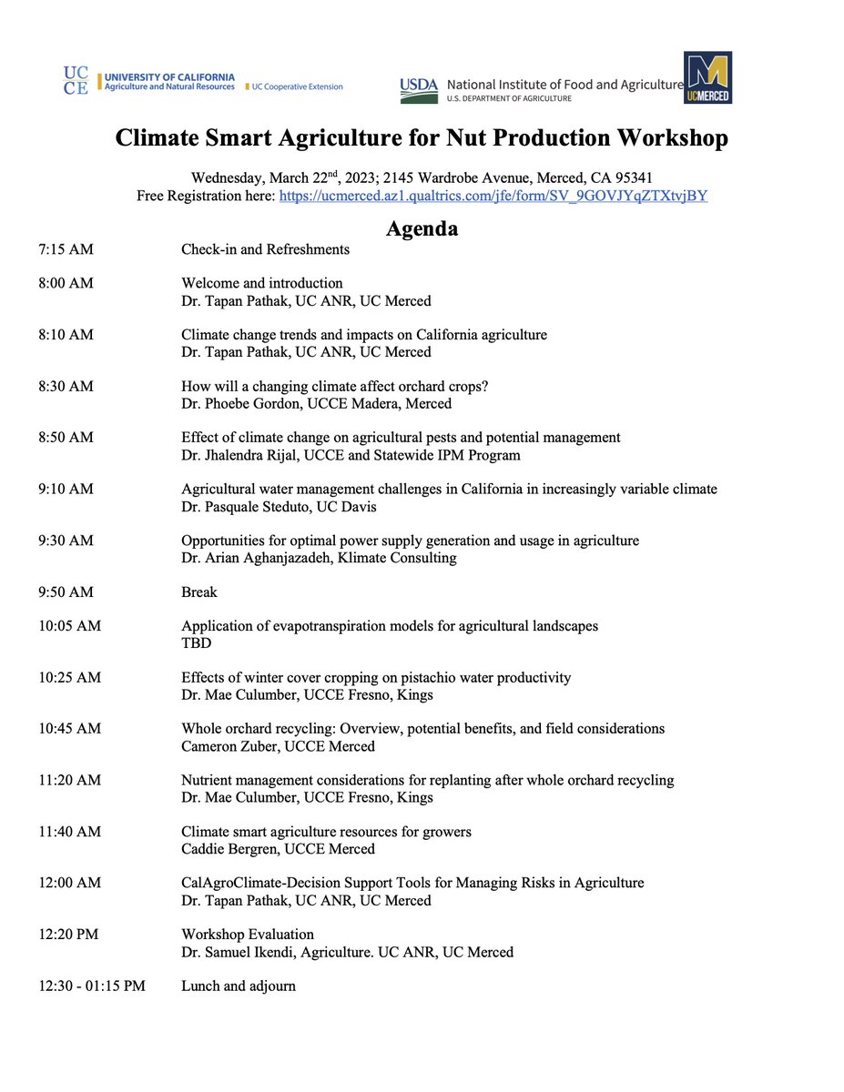 Please join us for a FREE workshop on #climate smart #agriculture for nut production. Hosted by <a href="/ucanr/">Ag&Natural Resources</a>  and <a href="/ucmerced/">UC Merced</a> with funding support from <a href="/USDA_NIFA/">NIFA</a>. March 22, 2023 at UCCE Merced. Lunch included! Registration required: ucmerced.az1.qualtrics.com/jfe/form/SV_9G…