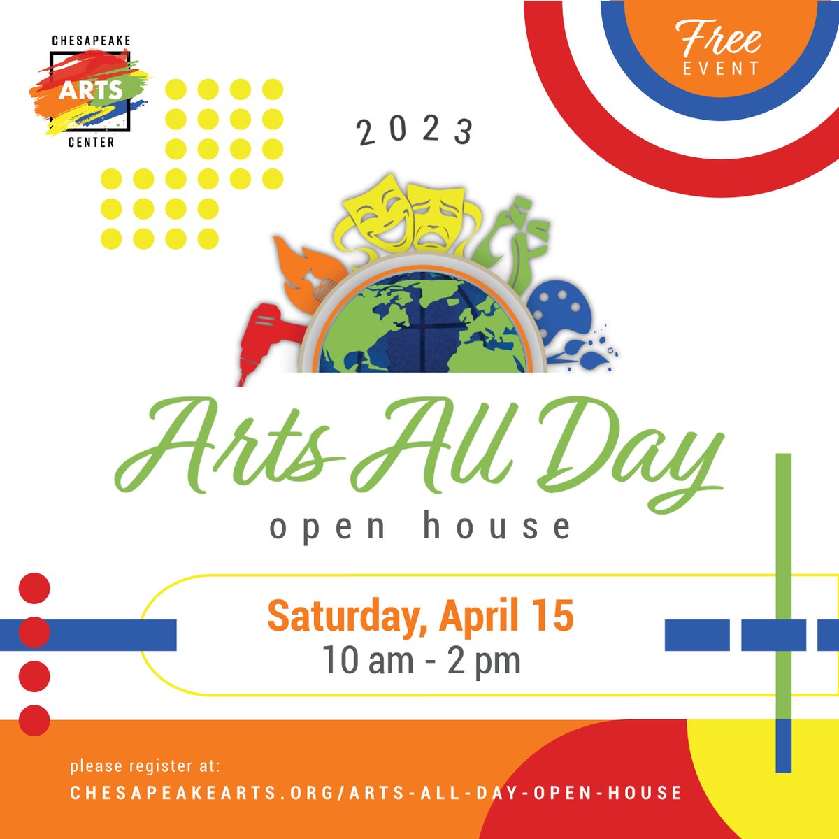 Chesapeake Arts (@chesapeakearts) on Twitter photo Join us at the <a href="/ChesapeakeArts/">Chesapeake Arts</a> center on Saturday, April 15th for the 2nd Annual Open House event to celebrate #WorldArtsDAY from 10am-2pm! Free. Join us at the <a href="/ChesapeakeArts/">Chesapeake Arts</a> center on Saturday, April 15th for the 2nd Annual Open House event to celebrate #WorldArtsDAY from 10am-2pm! Free.