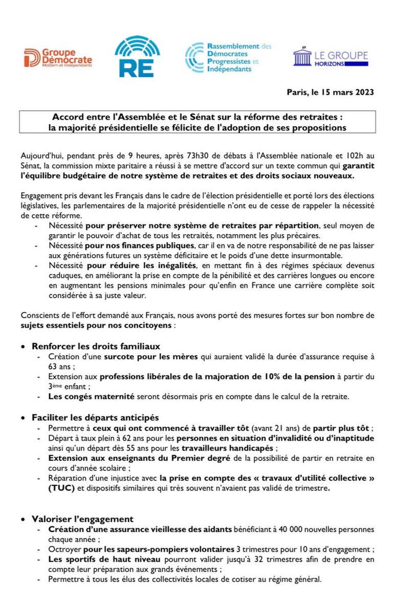 DeputesDem's tweet image. CMP conclusive sur la #RéformeDesRetraites : un texte enrichi par la majorité présidentielle.
Les @DeputesDem saluent l'ensemble des parlementaires qui, en responsabilité, ont également permis d'améliorer ce texte, en particulier les sénateurs du groupe @UC_Senat.