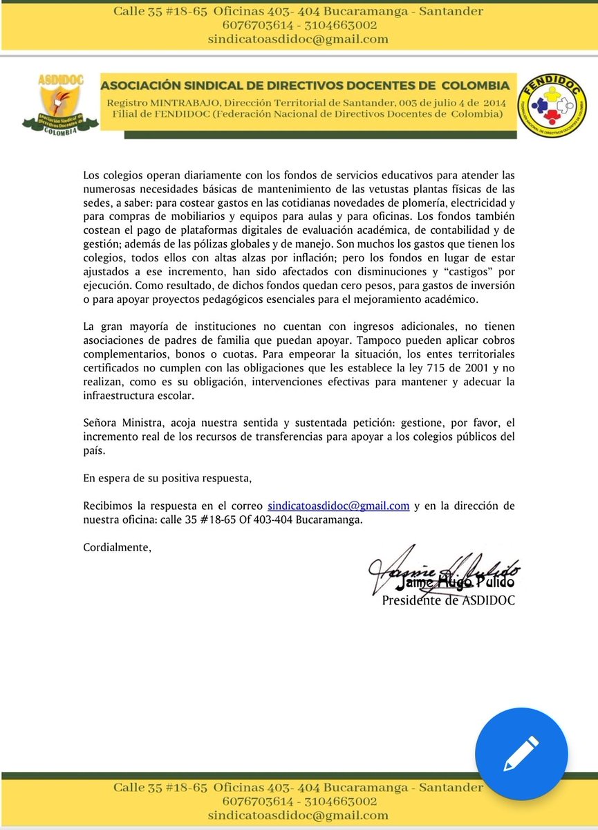 Solicitamos a <a href="/Mineducacion/">MinEducación</a> considerar paupérrimo estado de fondos de servicios educativos de instituciones educativas públicas del país y aumentar transferencias de gratuidad para compensar inflación. <a href="/fecode/">fecode</a> <a href="/SindicatoSES/">Sindicato SES</a> <a href="/cutcolombia/">Central Unitaria de Trabajadores</a>