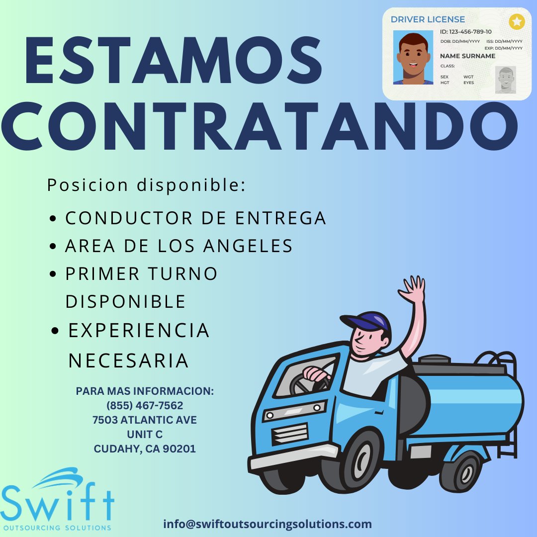 SwiftOS21's tweet photo. We are hiring! Apply today and start tomorrow! Contact us for more information. #deliverydriver #driver #SOS #swiftoutsourcingsolutions #1stshift #experiencenecessary #cudahy #primerturno #conductordeentrega #wednesday #staffingagency #agencia https://t.co/fCyTtEe45M