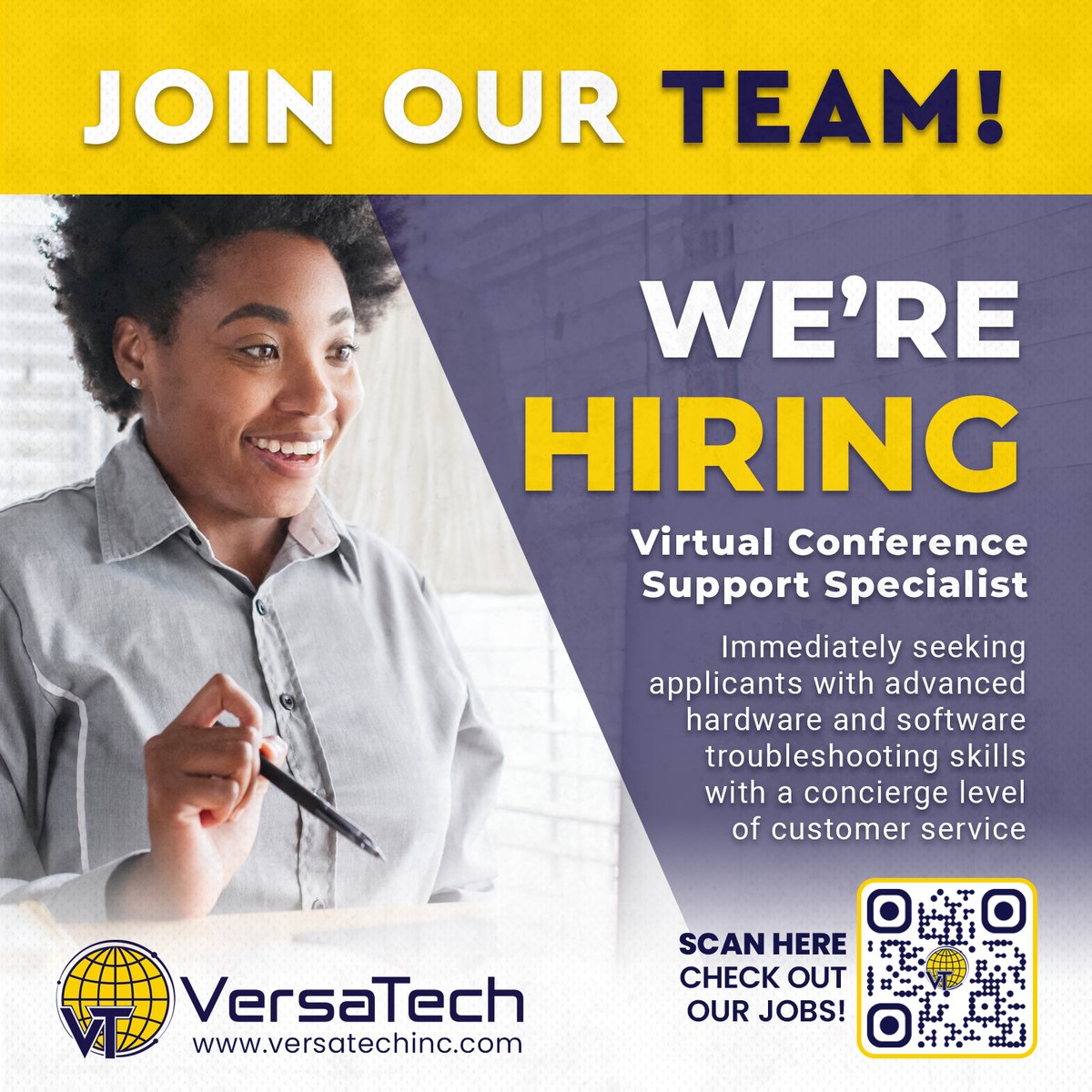 #JoinOurTeam | #HotJobs Waiting to make your presence heard? VersaTech is #nowhiring Virtual Conference Support Specialists! 🎙🎚🎧💻

Scan the QR code 📷 for more details about our current job vacancies OR click here bit.ly/3Thpec6