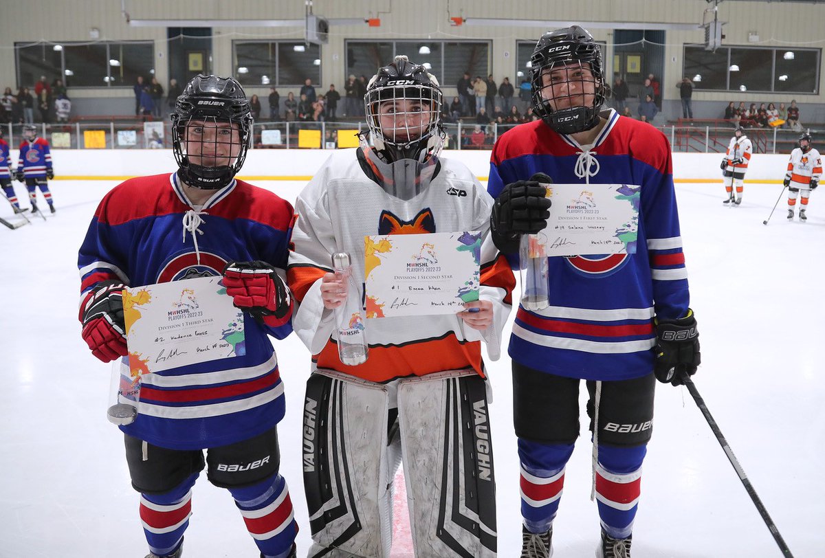 mwhshl_mb's tweet photo. Congratulations to the Division 1 Playoff Game 1 Stars: 1-Talia Jones, CSLR; 2-Sydney Stibbard, Churchill; 3-Mackaila Bruce-Tapley, CSLR.  And Game 2 Stars: 1-Selene Wozney, Churchill; Emma Khan, CSLR, and 3-Kadence Cress, Churchill (Photo Game 2). https://t.co/ERgN89tRGI
