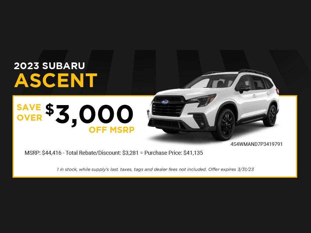 SubaruofDayton's tweet photo. Save Over $3,000 Off MSRP when you purchase the 2023 Subaru Ascent during the Madness in March Sale Event at Subaru of Dayton. 🏀 Shop here https://t.co/rpv21esBku https://t.co/1zdnPwxgHg