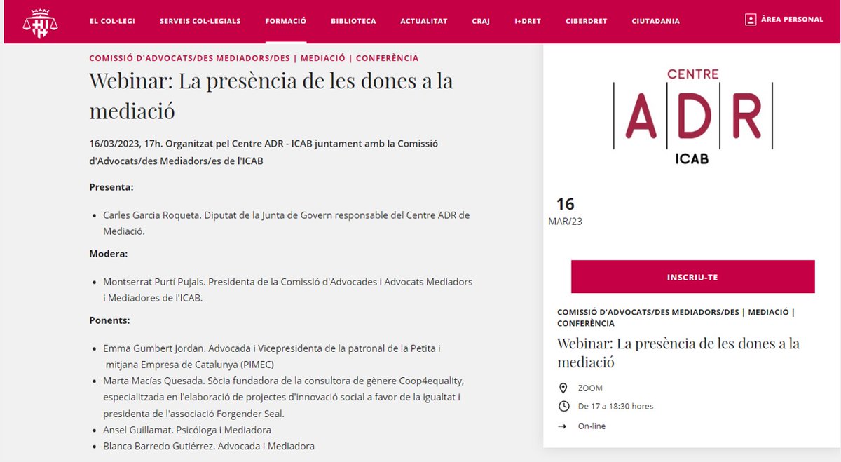 🟣Demà dijous <a href="/maciasmarta/">Macius</a>, presidenta de Forgender Seal, participarà com a ponent a la #Webinar "La presència de les dones a la mediació" Organitzat pel Centre ADR - <a href="/ICABarcelona/">ICAB · Advocacia Barcelona</a>  juntament amb la <a href="/CDonesAdvocades/">Com Dones Advocades</a> Mediadors/es de l'#ICAB icab.es/ca/formacio/cu…