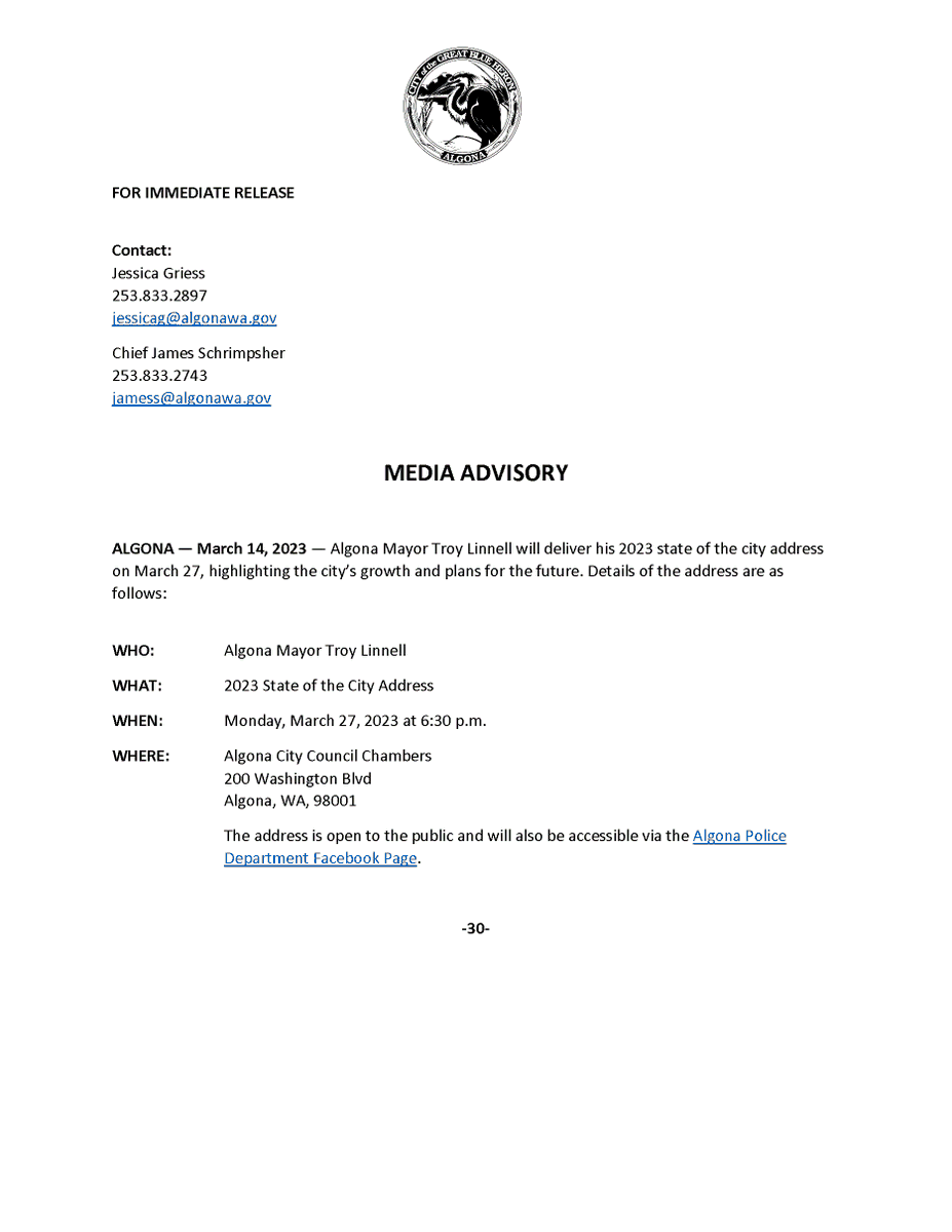 Media Release from the Office of the Mayor