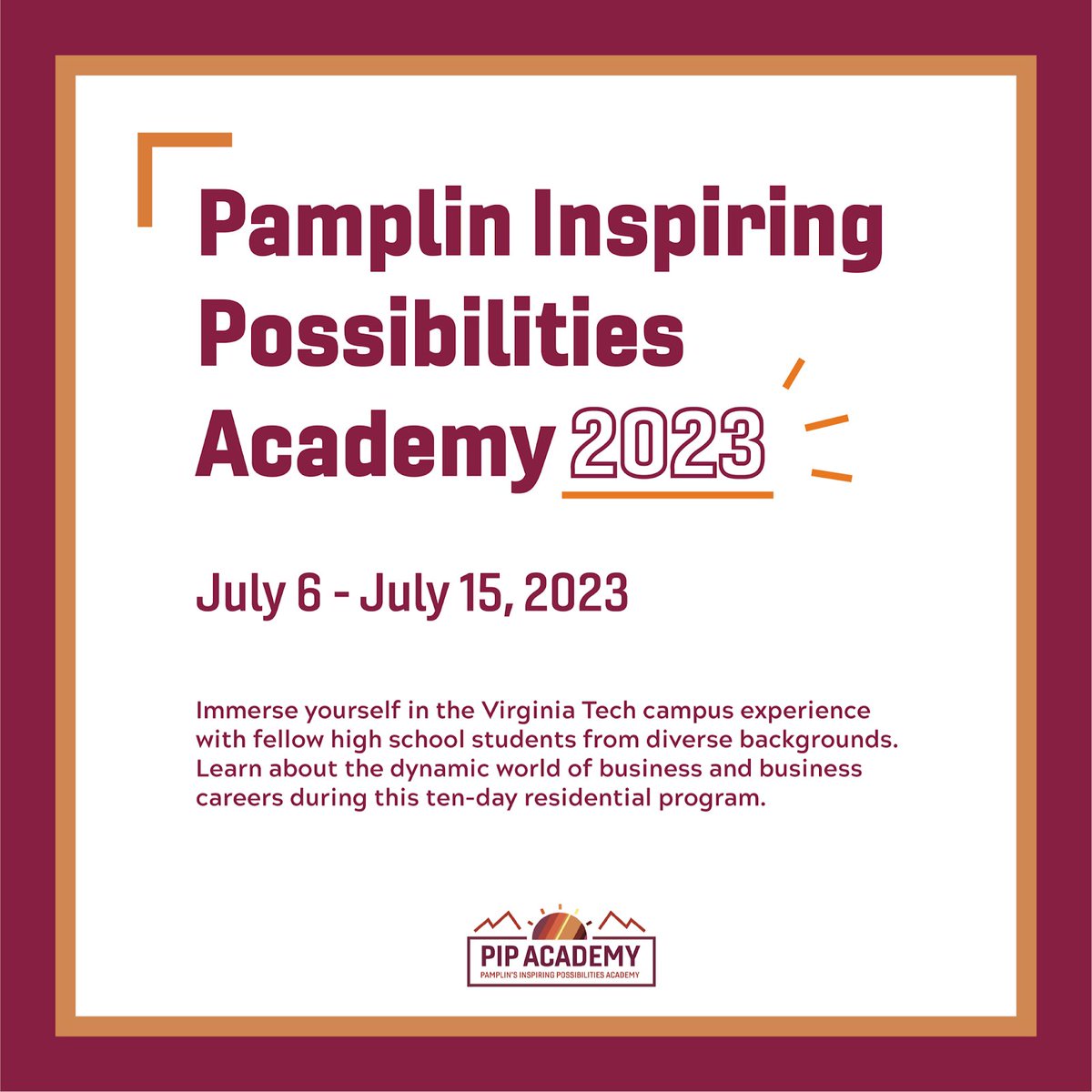 VTPamplin's tweet photo. Sign up for the Pamplin Inspiring Possibilities Academy for a once in a lifetime experience! High school juniors and seniors are eligible to participate in Pamplin’s 10 day business immersion. Applications are due TODAY March 15th at 11:59pm. 

#WhyPickPamplin #Hokies  #VT27 https://t.co/VzruPJr2Vg