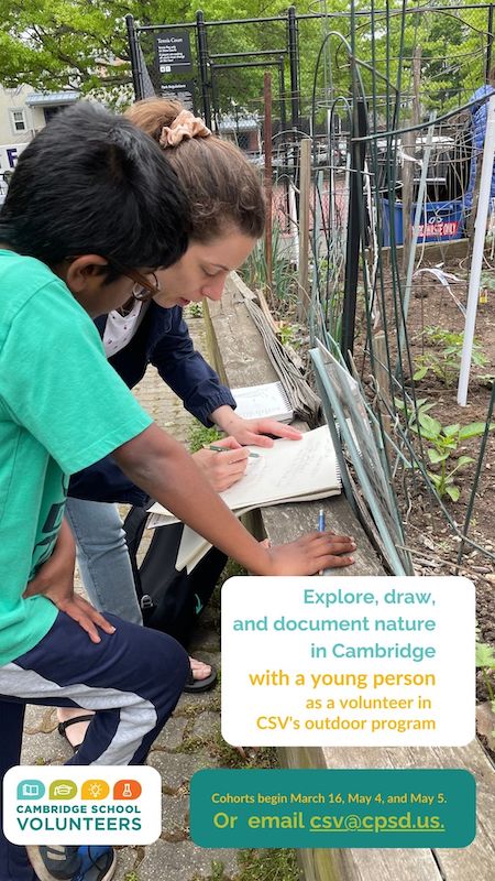 CSV02138's tweet photo. Thinking ahead to getting outdoors to observe the changes of spring? Observe it with a fourth- or fifth-grader as a volunteer mentor in our award-winning outdoor learning program. Next orientation: 3/16, 9:30 a.m.
https://t.co/xoX4eLJSGb. #CambMA #childrenandnature #enviroed https://t.co/uuzKPl94ot