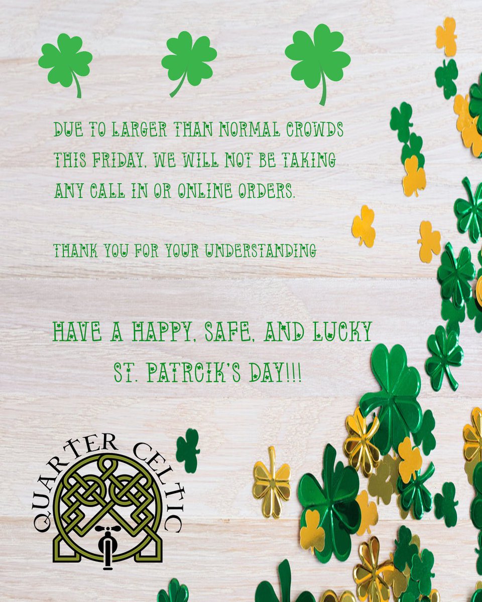 QuarterCeltic's tweet photo. The elusive Lep-Ror-chaun is here to inform everyone that Quarter Celtic will not be accepting any call in or online orders on #stpatricksday We are excited to see you all in green at the pubs ๐๐#leprechaun #irishpub #irishfood #craftbeer #collabbrew #localbrews #dublin #slante https://t.co/dHYqBBDT5K