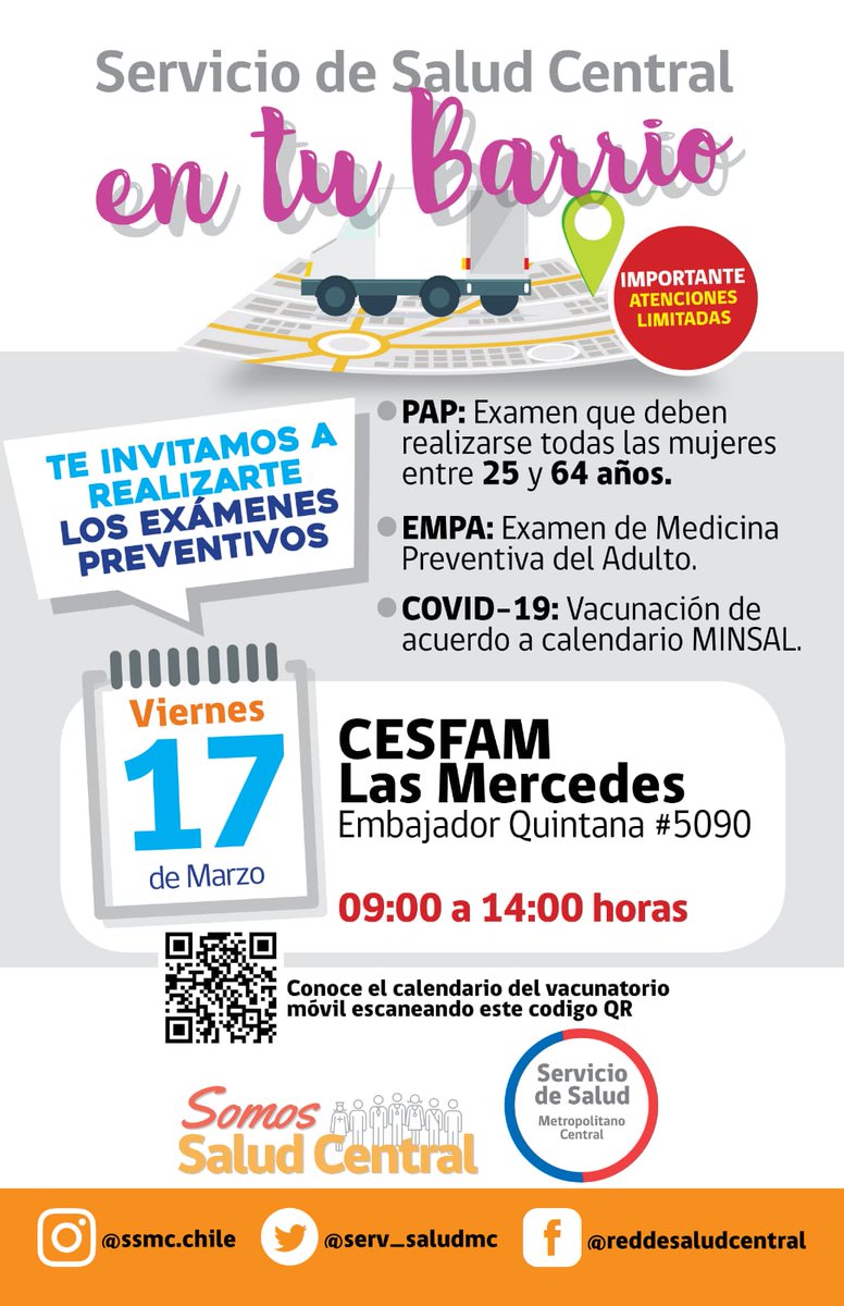 C_LasMercedes's tweet photo. @C_LasMercedes invita a la comunidad a realizarte los exámenes preventivos del Servicio de Salud Movil.
✅ PAP móvil (usuarias Fonasa con examen de tres o más años)
✅ Covid -19hrs Vacunación de acuerdo a calendario MINSAL
✅ EMPA (personas entre 20 a 64 años)  
Te esperamos https://t.co/3ZJ51jroSU