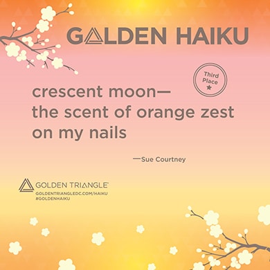 Thrilled, delighted &amp; very excited to be 2023 3rd place winner in the Washington DC #GoldenHaiku comp, #NotestoNature theme

crescent moon—
the scent of orange zest
on my nails

My #haiku will be with others on signboards along #GoldenTriangleDC streets.  
goldentriangledc.com/.../golden-hai…