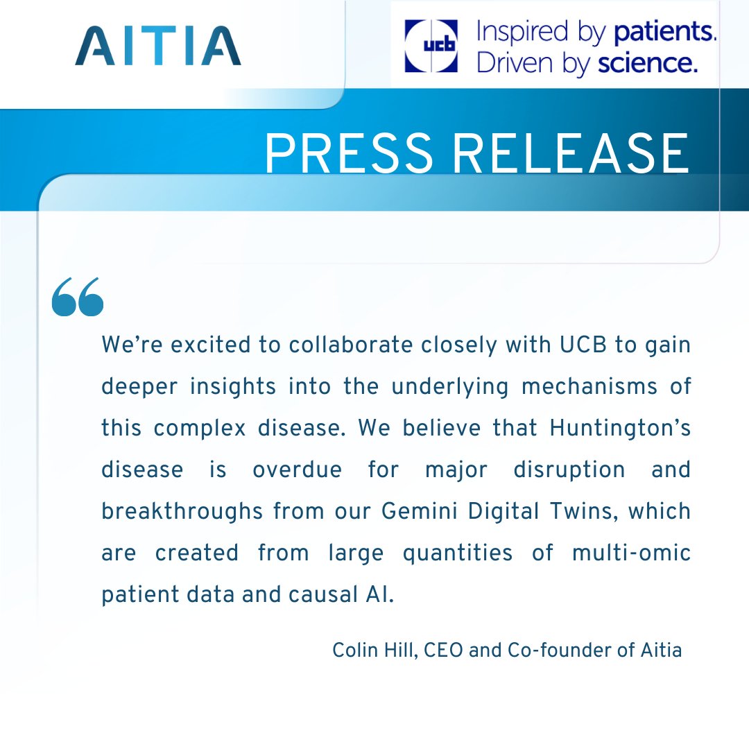 I am delighted to share that @Aitiabio and @ucb_news  have announced a strategic #drugdiscovery collaboration focused on the discovery and validation of novel drug targets and drug candidates for #Huntingtondisease
More about this announcement: aitiabio.com/aitia-and-ucb-…