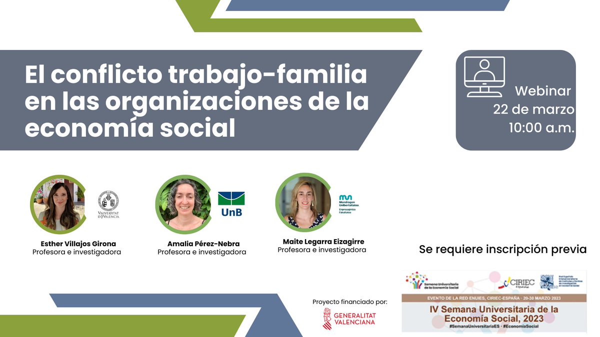 El próximo 22 de marzo tendremos el webinar "El conflicto trabajo-familia en las organizaciones de la #economiasocial" Apúntate aquí👉 lnkd.in/e9qSWPeH 
#SemanaUniversitariaES @MaiteLegarra  <a href="/CIRIEC_Esp/">CIRIEC-España</a>
