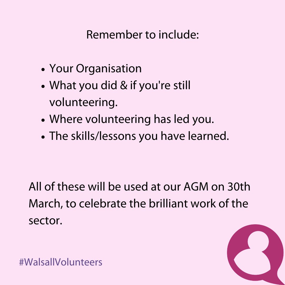 Join us in celebrating the brilliance of the volunteering community!

All you need to do is post your story with the #WalsallVolunteers &amp; we'll make sure more people hear about all the wonderful work you've been doing at our AGM.