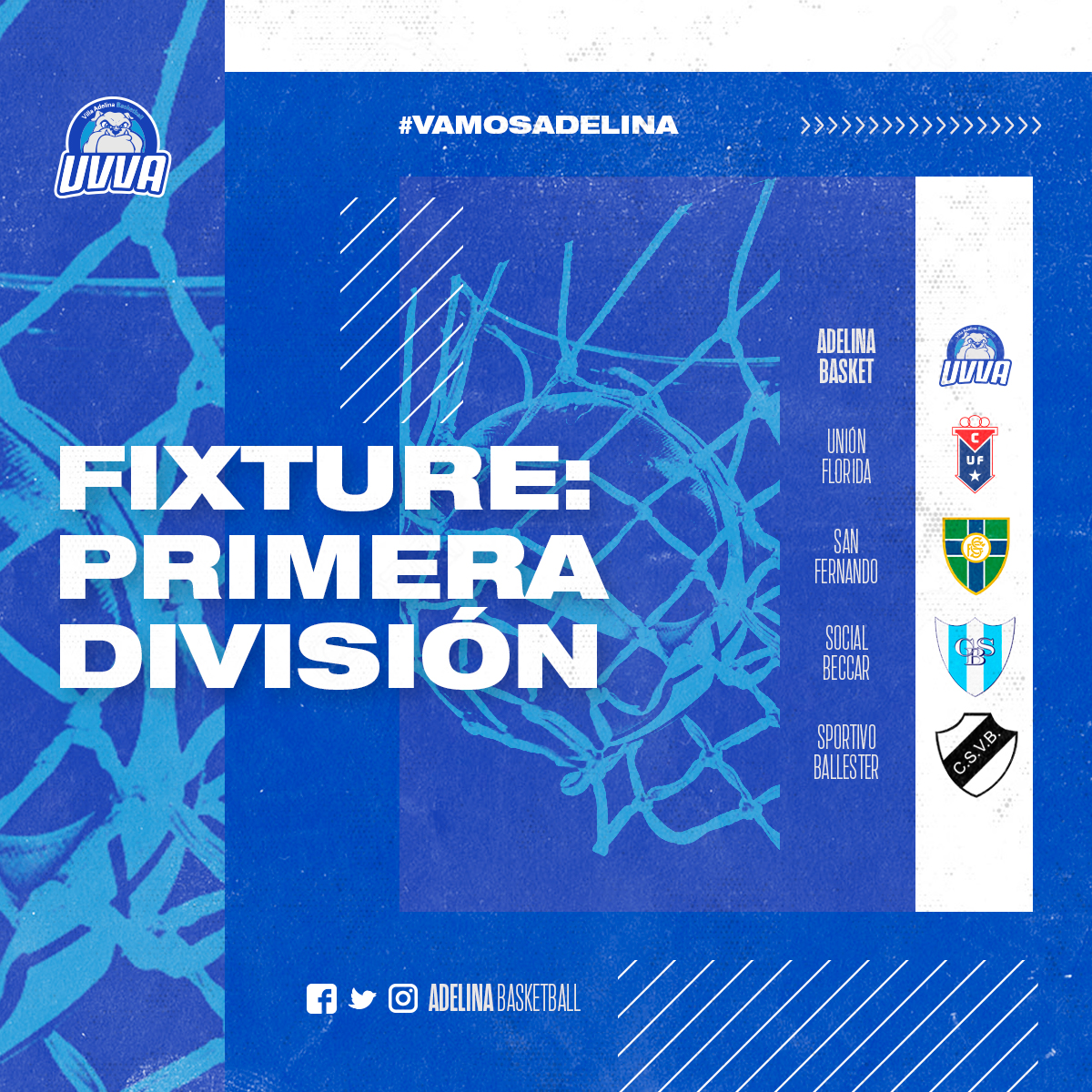 LA PRIMERA YA TIENE RIVALES 👊

✅El plantel superior compartirá zona con Unión Florida, San Fernando, Social Beccar y Sportivo Ballester.

🏀En la primera fecha queda libre y comenzará su participación el 31/3 visitando a Florida.

#VamosAdelina🔵⚪