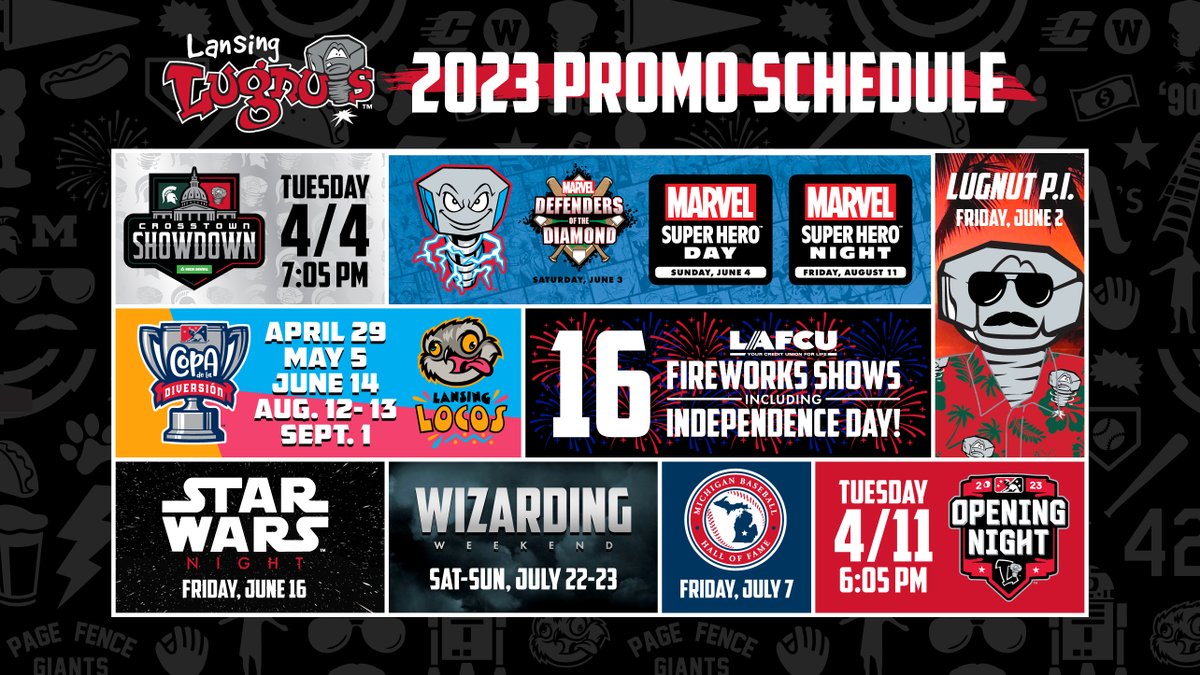 LansingLugnuts's tweet photo. 🚨𝟐𝟎𝟐𝟑 𝐏𝐑𝐎𝐌𝐎 𝐂𝐀𝐋𝐄𝐍𝐃𝐀𝐑🚨

It’s time to live the 𝙇𝙪𝙜 𝙇𝙞𝙛𝙚 &amp; join us for the biggest giveaways yet❗️⚾️🎁  This season the ‘Nuts will wear more specialty jerseys than ever, including the debut of our new Marvel jersey❗️🎆 #GoNuts

📚: https://t.co/c9yas8czg9 https://t.co/lfDtCY4anA