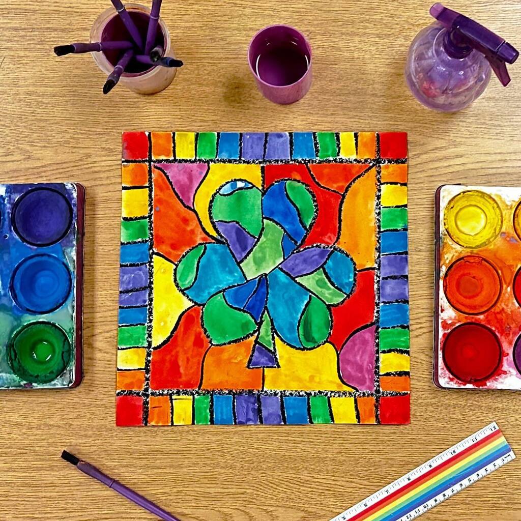 Elementaryarts's tweet photo. Third grade patterned stained glass windows have been a hit! Generally, stained glass windows are made by combining pieces of coloured glass to create a design. These are held together by either lead or copper frames. Making stained glass windows begins with creating the art… https://t.co/U3R4XhDiS3