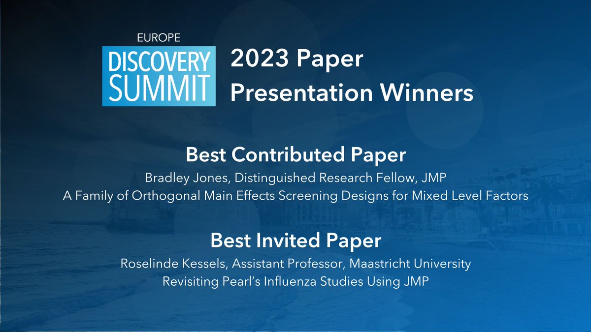 JMP_software's tweet photo. Wishing heartfelt congratulations to this year's paper winners from #JMPDiscoverySummit 🎉 

Best Contributed Paper: @StatJones
Best Invited Paper: @RoseKessels. 

Watch these (and all the other excellent presentations) over on the #JMP Community! https://t.co/YsTkZfj70O https://t.co/NmCSmWz15m