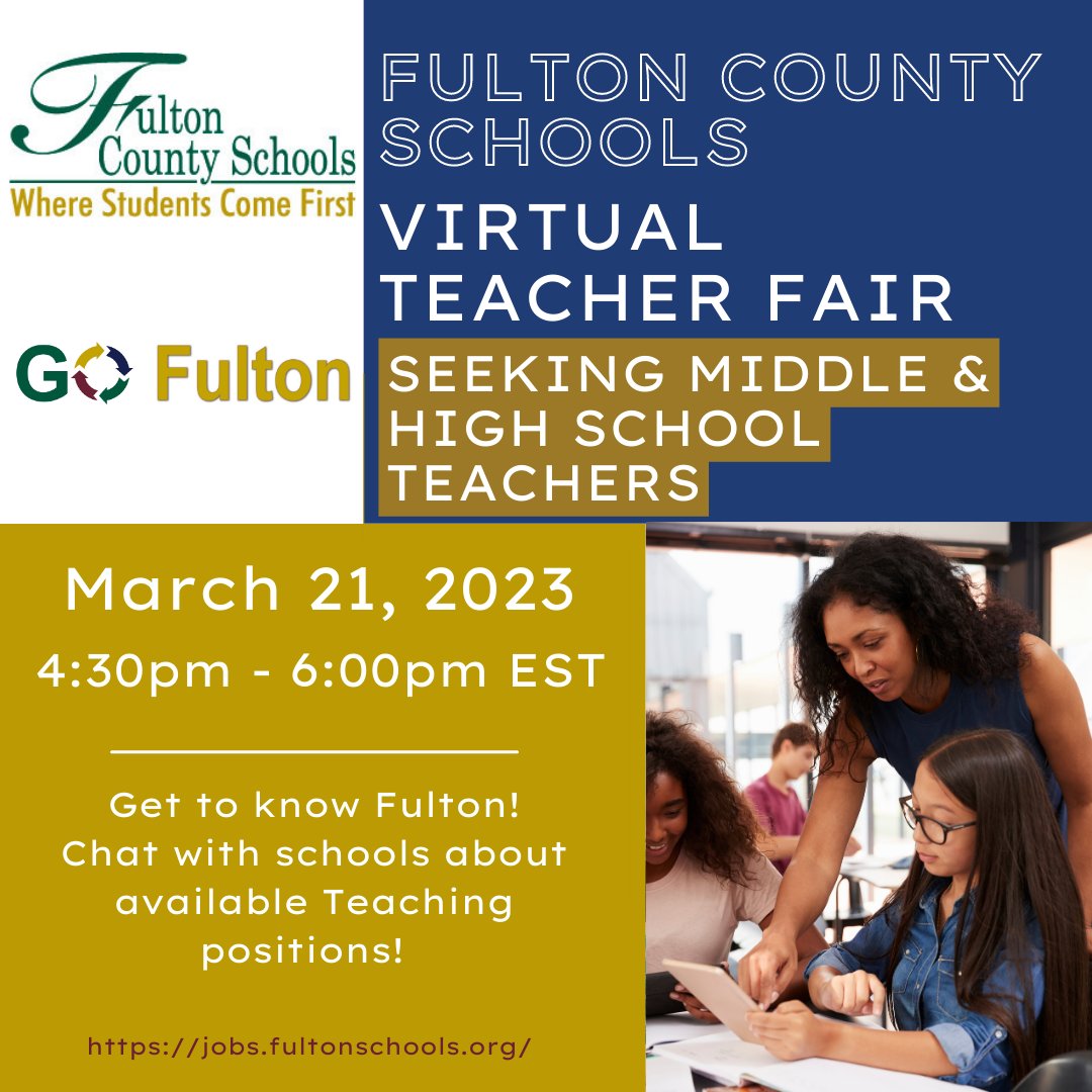 GO Fulton Recruiting (@go_fulton) on Twitter photo 🚨It's not too late to register!!🚨 Join us at our MS & HS Virtual Fair! Chat with Hiring Managers from Fulton Schools! Offering early contracts for next school year! #HiringTeachers #GrowInFulton
Register Today: ow.ly/Fj8l50N9Kb2
<a href="/FultonCoSchools/">FultonCountySchools</a> 🚨It's not too late to register!!🚨 Join us at our MS & HS Virtual Fair! Chat with Hiring Managers from Fulton Schools! Offering early contracts for next school year! #HiringTeachers #GrowInFulton
Register Today: ow.ly/Fj8l50N9Kb2
<a href="/FultonCoSchools/">FultonCountySchools</a>