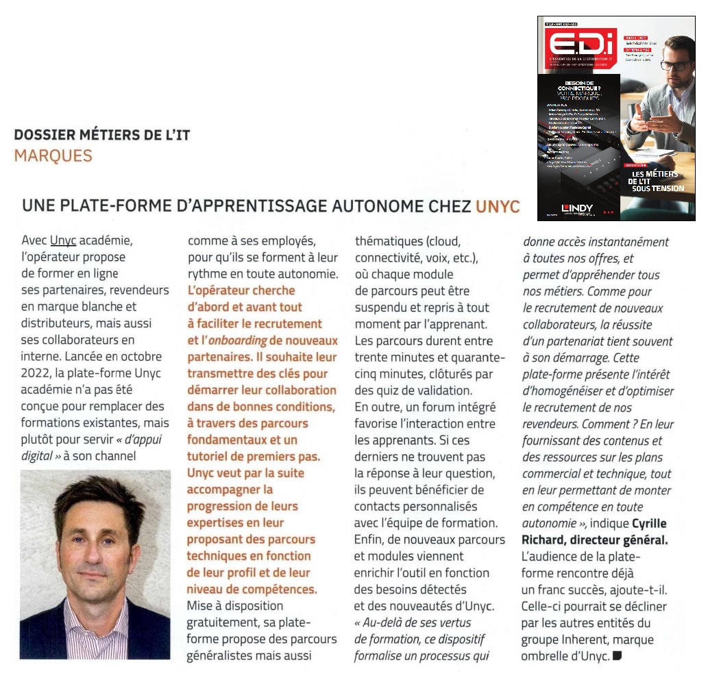 Wordcomconsult's tweet image. "Avec @unyc_io #académie, l'opérateur propose de #former en ligne ses partenaires, revendeurs et marque blanche en distributeurs... Lancée en octobre 2022, la plate-forme #unyc académie n'a pas été conçue pour remplacer des formations existantes..." via @MagazineEDI. @fbergonzoli