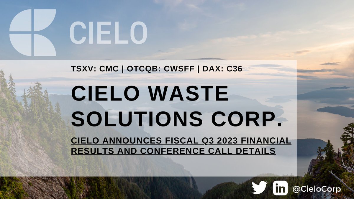 Cielo Announces Fiscal Q3 2023 Financial Results and Conference Call Details

Read full news release here: lnkd.in/gZuZwJJh

#energy #wastetofuel #energytransition #wastesolutions #financials #conferencecall
